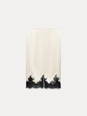 Zara ZW Collection Elegant Cream Midi Skirt with Black Lace Hem